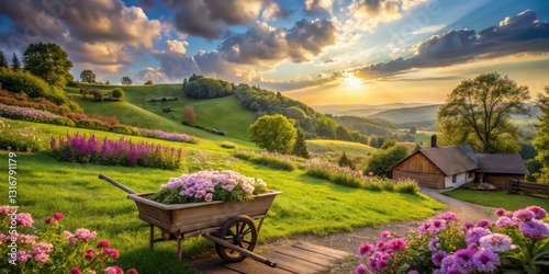 Serene Sunset Over Rolling Hills with a Rustic Cottage and Blooming Flowers in a Wooden Wheelbarrow