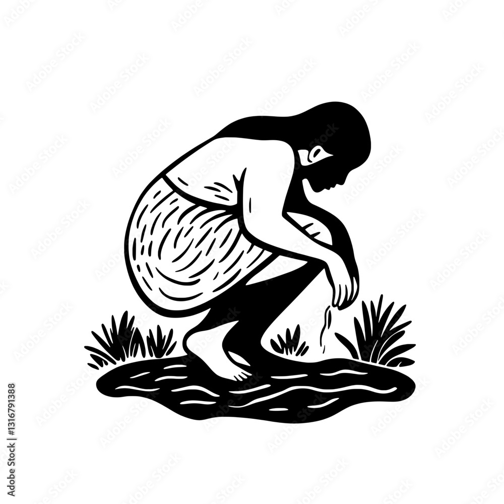 Exploring nature's essence through a serene figure kneeling by a tranquil water source in a lush environment Exploring nature's essence through a serene figure kneeling by a tranquil water source in a lush environment