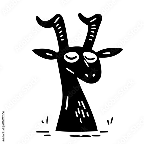 Unique black vector illustration of a goat with playful features, showcasing a whimsical design style and expressive facial traits