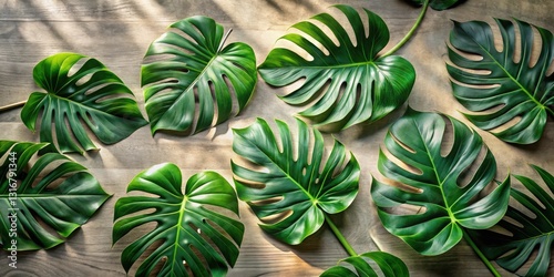 Lush Tropical Foliage Arranged on a Wooden Surface, Illuminated by Warm Sunlight, Creating a Vibrant and Serene Natural Scene