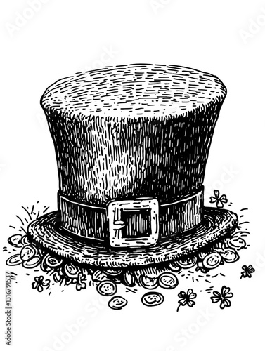 Magical top hat surrounded by shiny coins and clovers in a whimsical setting of enchantment