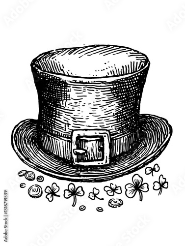 Celebrating tradition with a vintage hat surrounded by clovers and coins for luck during a festive occasion