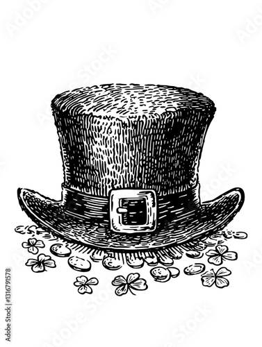 Celebrate the spirit of joy and luck with a decorative top hat surrounded by clovers and coins on St. Patrick's Day