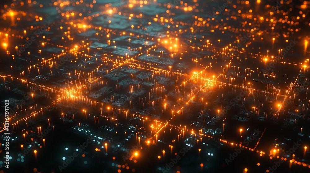 Obraz premium A minimalist aerial night view of a glowing city grid.