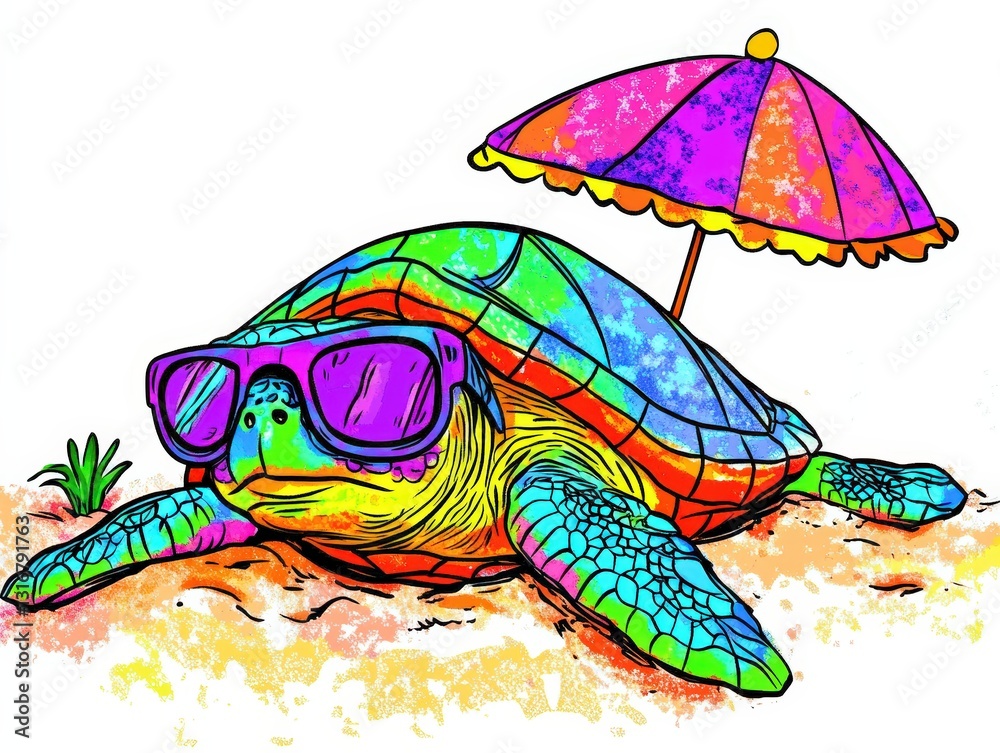 Fototapeta premium Vibrant Turtle Relaxing Under Colorful Umbrella on the Beach