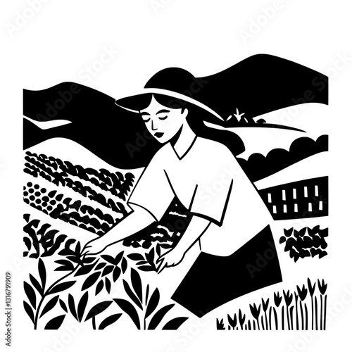 Embracing nature with care, a farmer tending to crops in a serene countryside landscape during a sunlit afternoon
