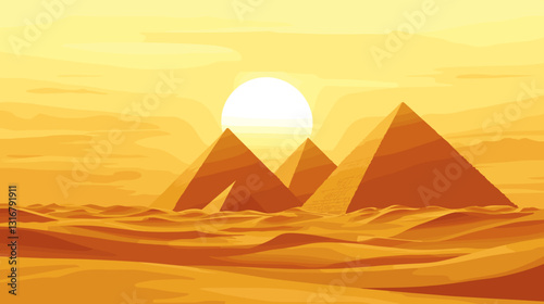 Pyramids of Giza at sunrise with the sun rising over golden sands in a warm desert landscape