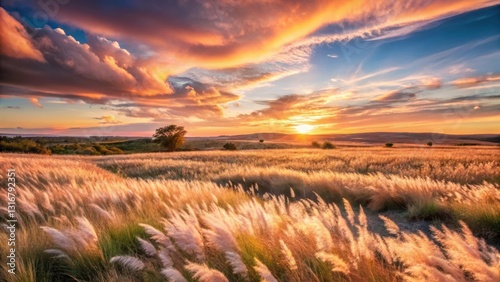 Golden Hour Serenity A Breathtaking Sunset Over a Field of Windswept Grasses