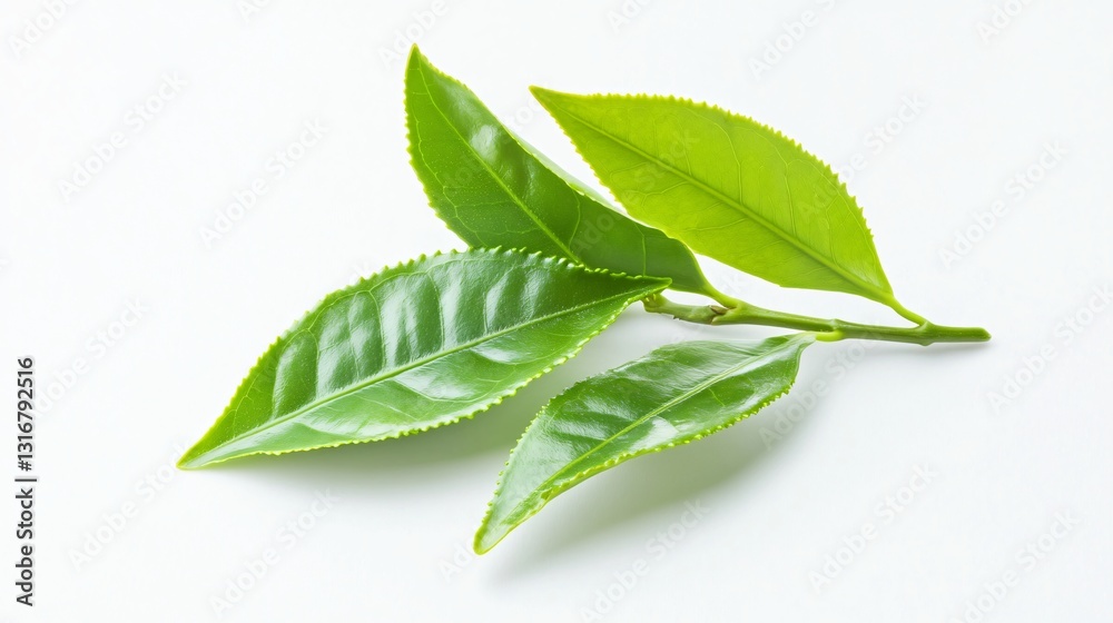 Obraz premium Fresh green leaves on a white background, vibrant foliage showcasing nature's beauty, ideal for wellness or eco-themed content.
