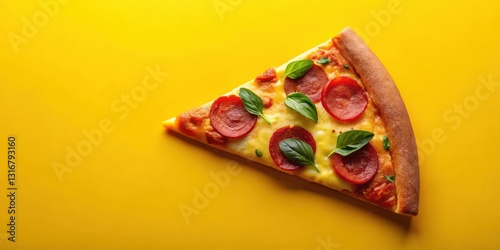 A single slice of pepperoni pizza, adorned with fresh basil, rests on a vibrant yellow background, showcasing its cheesy goodness and appealing texture.