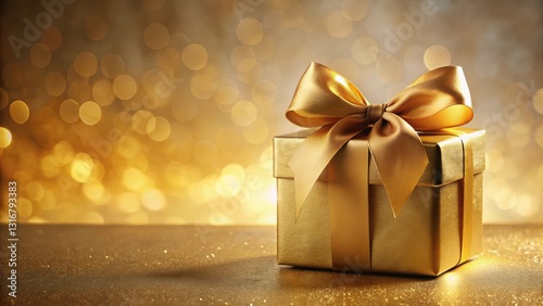 A Luxurious Gold Gift Box with a Satin Ribbon Bow on a Sparkling Surface