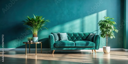 Serene Teal Living Room Decor with Luxurious Velvet Sofa and Lush Greenery