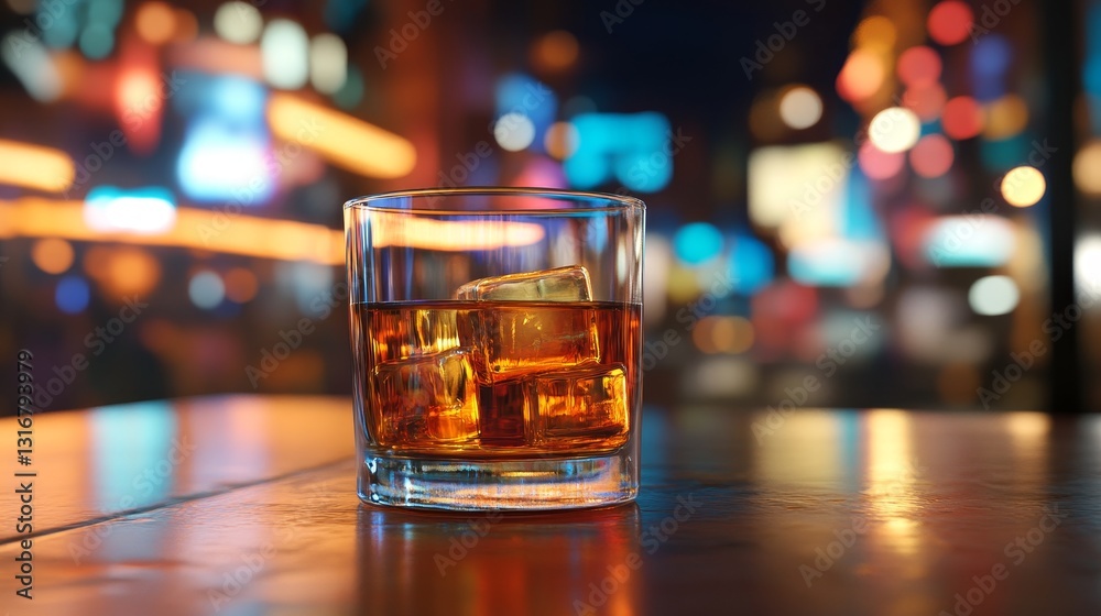 Glass of amber whisky with ice cubes sits on wooden bar with blurred pub background Glass of amber whisky with ice cubes sits on wooden bar with blurred pub background
