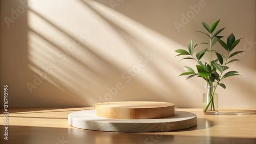 Serene Minimalist Display Featuring Natural Wooden Platforms and Greenery Under Sunlight
