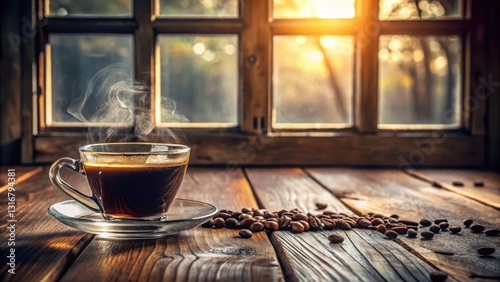Aromatic Coffee Steam Rises from a Glass Cup on Rustic Wooden Surface near Window with Golden Sunlight