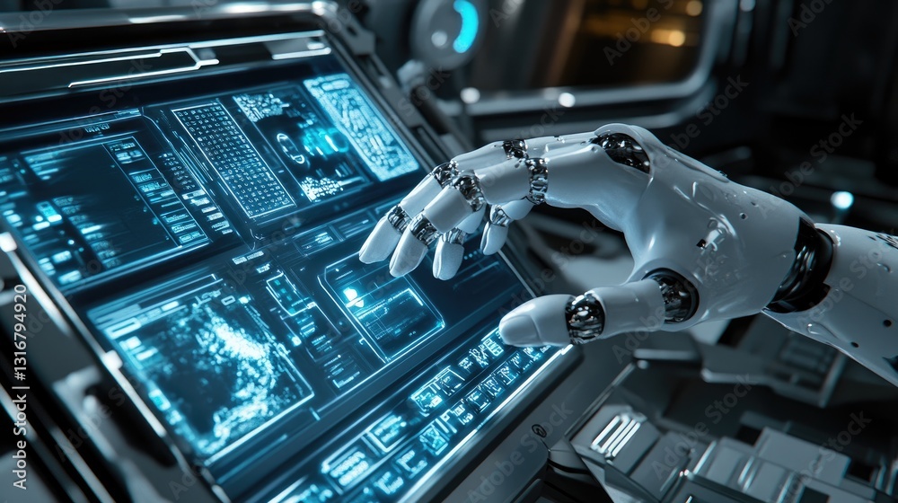 Fototapeta premium Futuristic Robot Hand Interacting with High-Tech Control Panel in Sci-Fi Environment