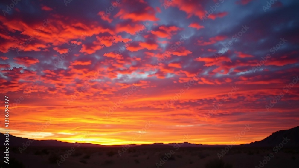 Desert sunset displays a stunning array of intense and lively colors with sky illuminated in various Desert sunset displays a stunning array of intense and lively colors with sky illuminated in various