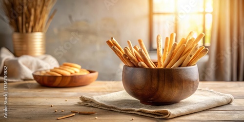 A rustic wooden bowl overflowing with crunchy breadsticks, bathed in warm sunlight near a linen napkin on a wooden table, creating a simple yet inviting scene.