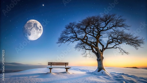 Serene Winter Landscape A Solitary Bench Underneath a Starry Sky and Large Moon, Beside a Leafless Tree in a Snowy Field at Twilight