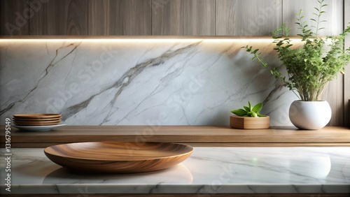Modern minimalist kitchen design featuring wooden bowl, marble countertop, and wooden shelving with plants