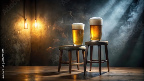 Two Frosty Glasses of Golden Beer Resting on Small Wooden Stools in a Dimly Lit Room with Smoky Atmosphere