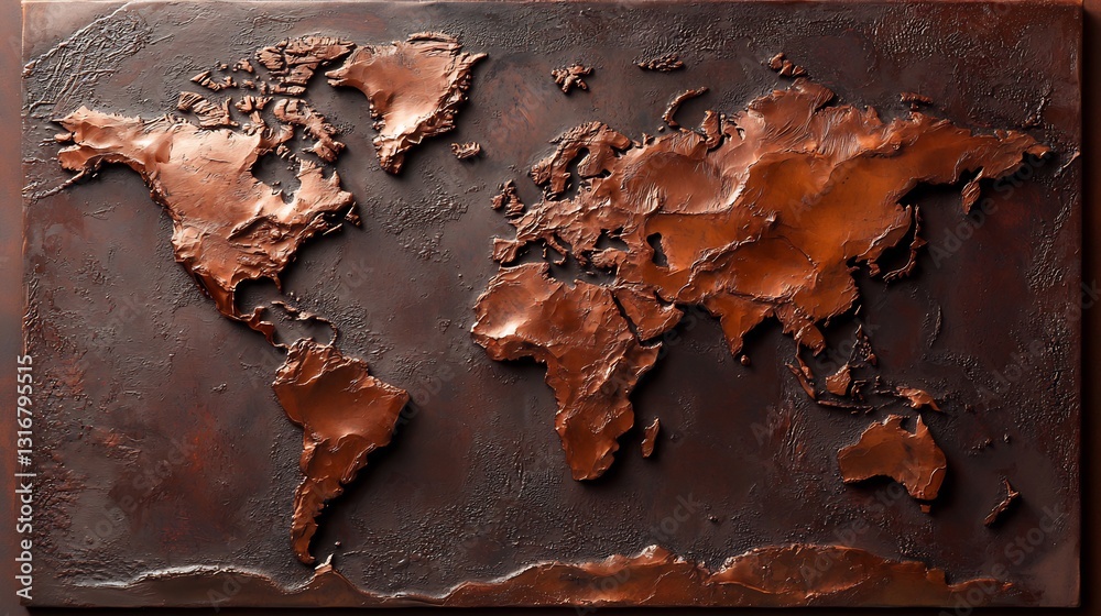 Embossed Copper World Map for Global Perspective. Embossed Copper World Map for Global Perspective.