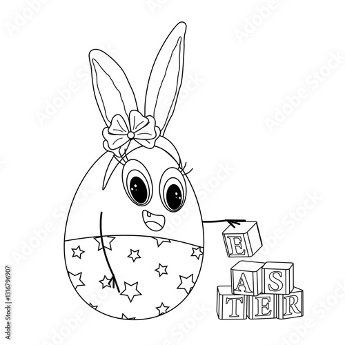 Black and white Easter-themed coloring page featuring a cute egg-shaped bunny stacking blocks spelling EASTER.