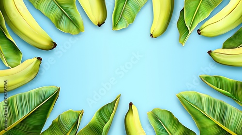 Green Bananas and Leaves on a Blue Background