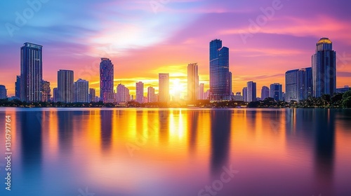 Majestic Cityscape at Sunset: A Stunning Panorama of Skyscrapers Reflected in Tranquil Waters