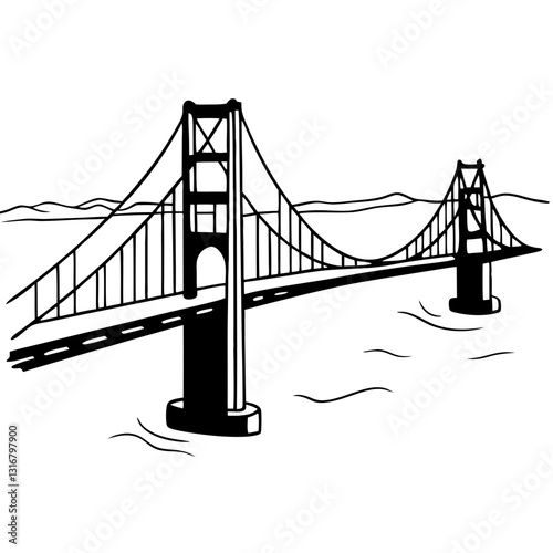 Black and White Suspension Bridge Illustration for Urban Infrastructure