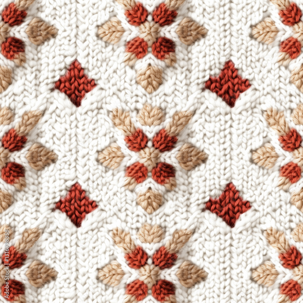 A detailed close-up of a warm and soft sweater-knit texture in winter motifs on a white backdrop. A detailed close-up of a warm and soft sweater-knit texture in winter motifs on a white backdrop.