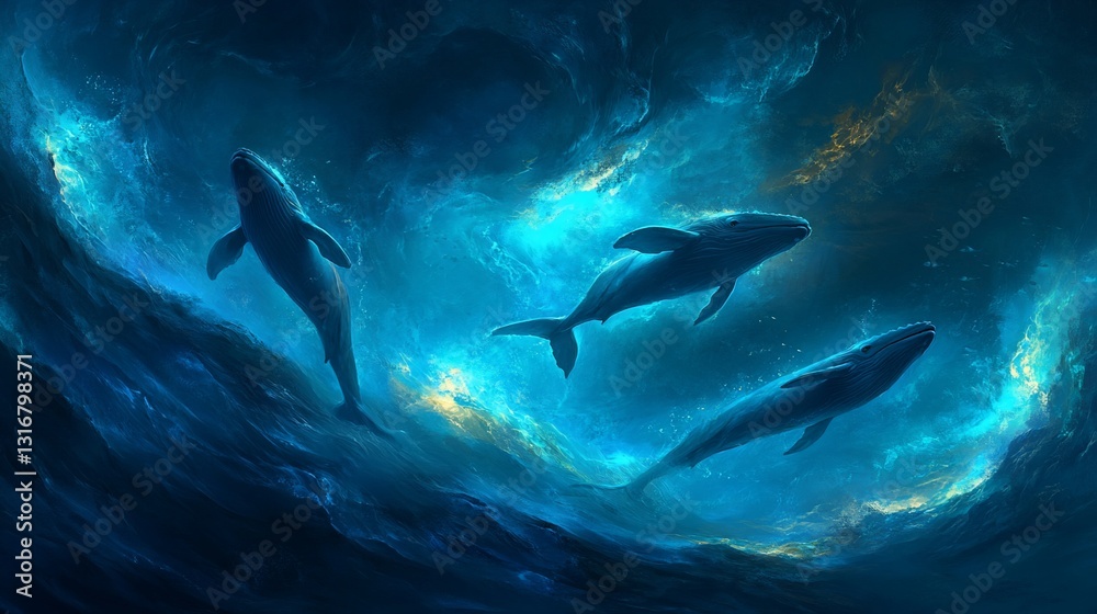 Fototapeta premium Three whales leap through a glowing, cosmic ocean