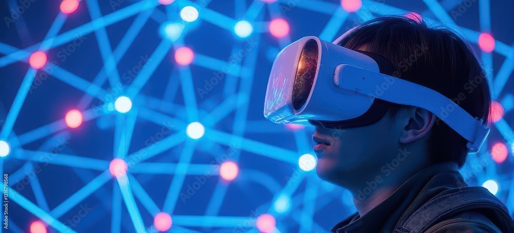 Virtual reality experience in tech hub digital art blue lights Virtual reality experience in tech hub digital art blue lights