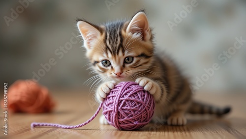 A playful kitten engaging with a colorful yarn ball, capturing the charm and curiosity of young cats in a cozy environment. photo