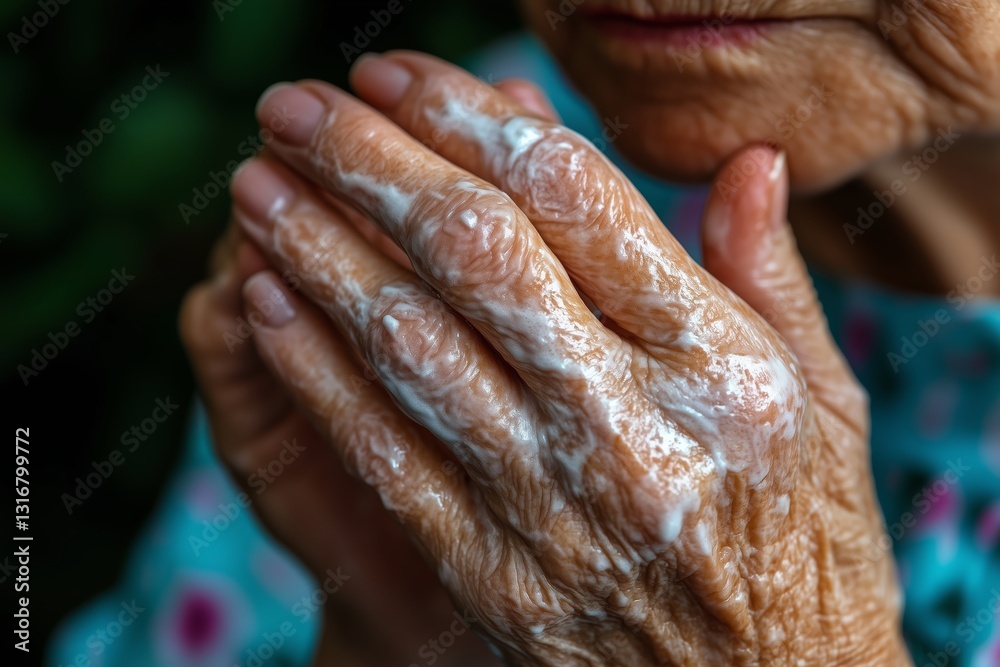 Fototapeta premium A close-up of elderly hands covered in soap lather, gently rubbing together.