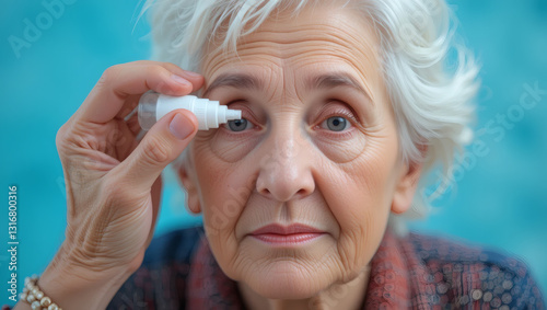 An elderly woman applies eye drops, showcasing the importance of eye care and health in daily life for older adults. photo