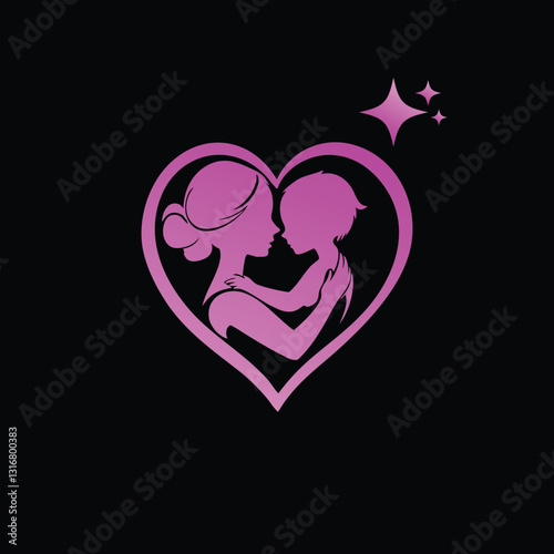 Loving Mother and Child Silhouette in a Heart Shape