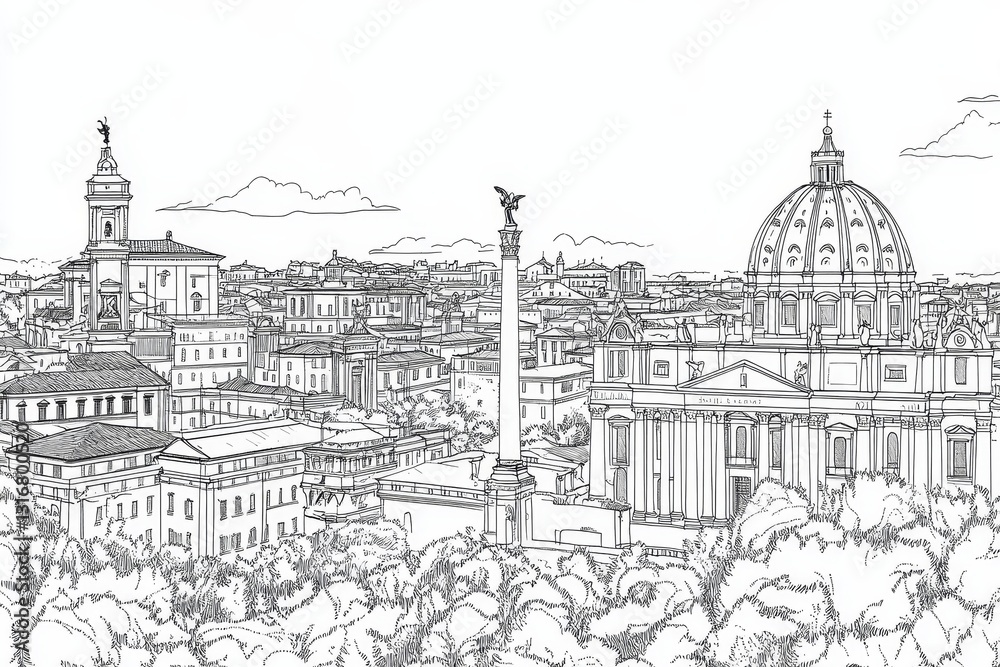 Obraz premium Roman Skyline Drawing: A Coloring Page - Single line drawing of Rome's cityscape, featuring iconic buildings, a column, and a sprawling urban landscape. Evokes history, architecture, travel, art