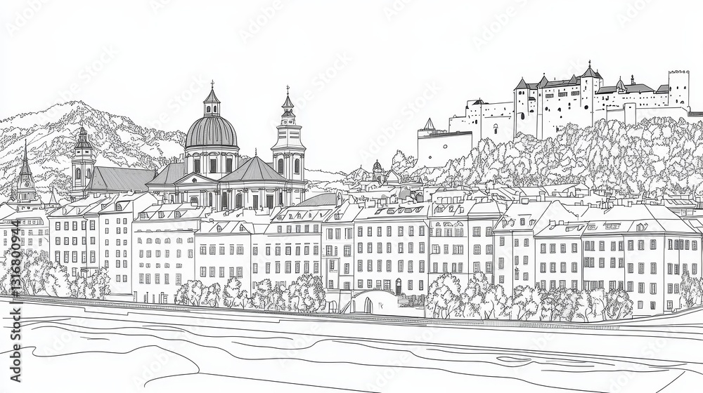 Fototapeta premium Salzburg Austria Cityscape Line Drawing - Single-line drawing of Salzburg's cityscape, symbolizing architecture, history, mountains, river, and culture. A charming coloring page