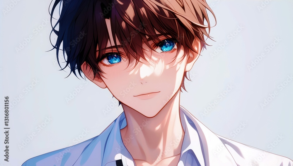 Male portrait with tousled hair and bright blue eyes, showcasing youthful charm and approachable expression against a soft light background Male portrait with tousled hair and bright blue eyes, showcasing youthful charm and approachable expression against a soft light background
