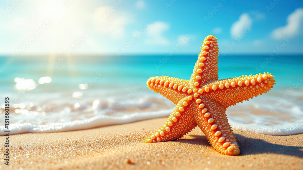 Golden Beach with Starfish and Gentle Waves Under Blue Sky Golden Beach with Starfish and Gentle Waves Under Blue Sky