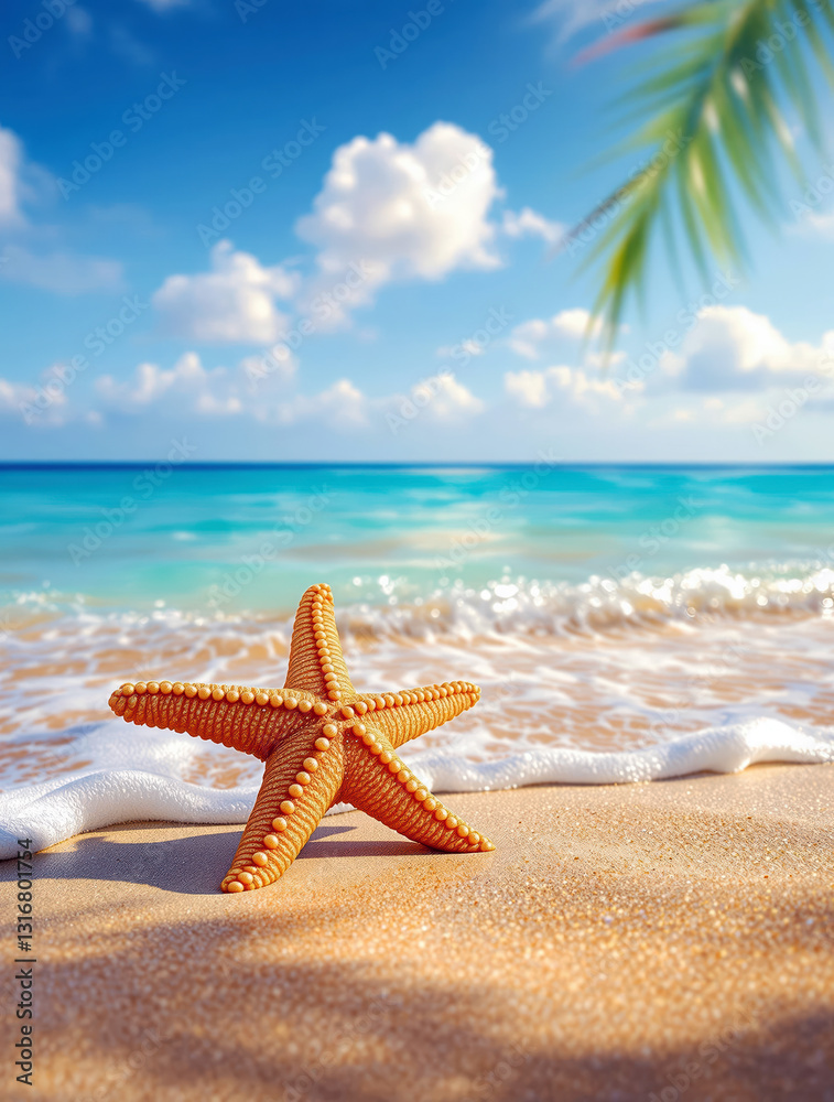 Golden Sand Beach with Vibrant Starfish and Blue Ocean Golden Sand Beach with Vibrant Starfish and Blue Ocean