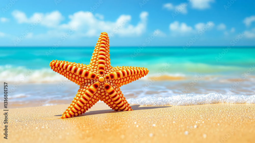 Tropical Starfish on Golden Sand with Vibrant Ocean View Tropical Starfish on Golden Sand with Vibrant Ocean View