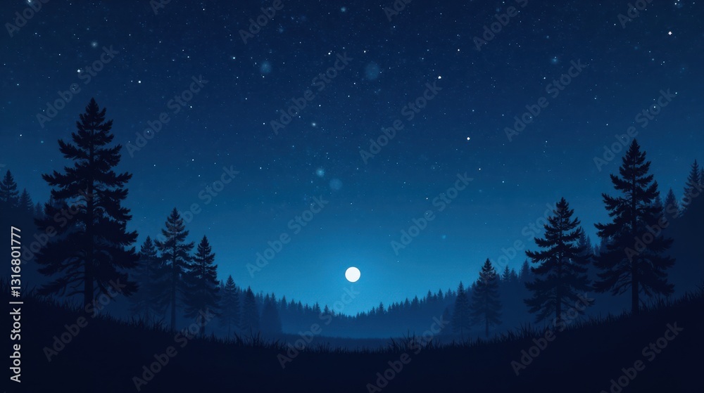 Fototapeta premium Serene Night in the Coniferous Forest Under a Full Moon and Starry Sky