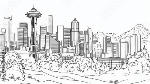 Seattle Skyline Drawing - A line drawing of the Seattle skyline, featuring iconic buildings and Mount Rainier in the background. Perfect for coloring