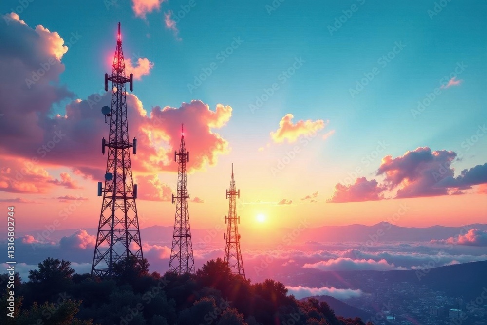 Fototapeta premium Panoramic vista of interconnected communication towers against the sky, space, antenna, landscape