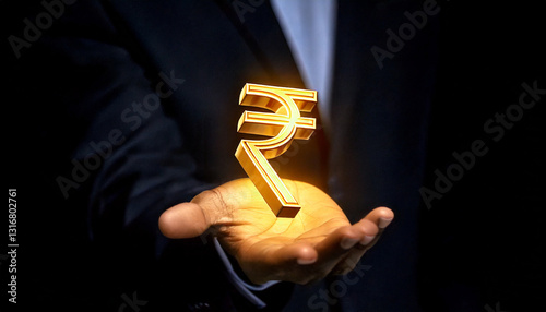 Black African businessman hand in suit with 3D golden Indian rupee sign symbol floating hovering in opened palm 