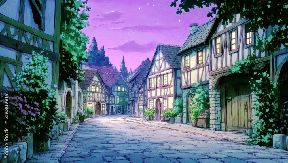 Obraz premium Enchanted Village at Dusk with Quaint Houses, Lush Greenery, Cobblestone Streets, and Stars in a Beautiful Purple Sky