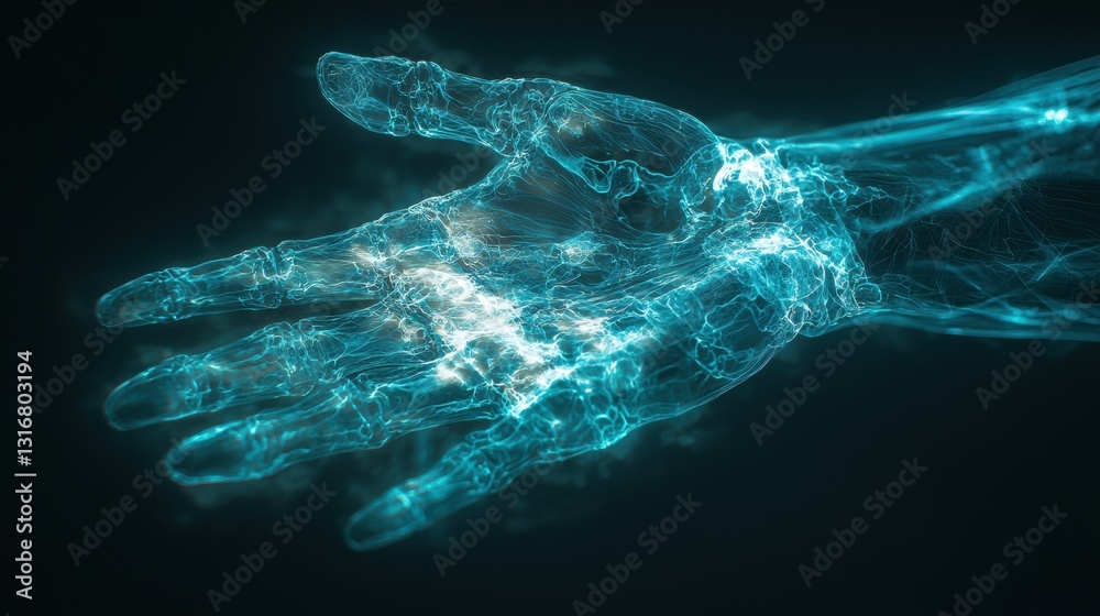 Close-Up of a Human Hand Emitting a Glowing Ray in a Digital Art Style for Futuristic Conceptual Representations Close-Up of a Human Hand Emitting a Glowing Ray in a Digital Art Style for Futuristic Conceptual Representations