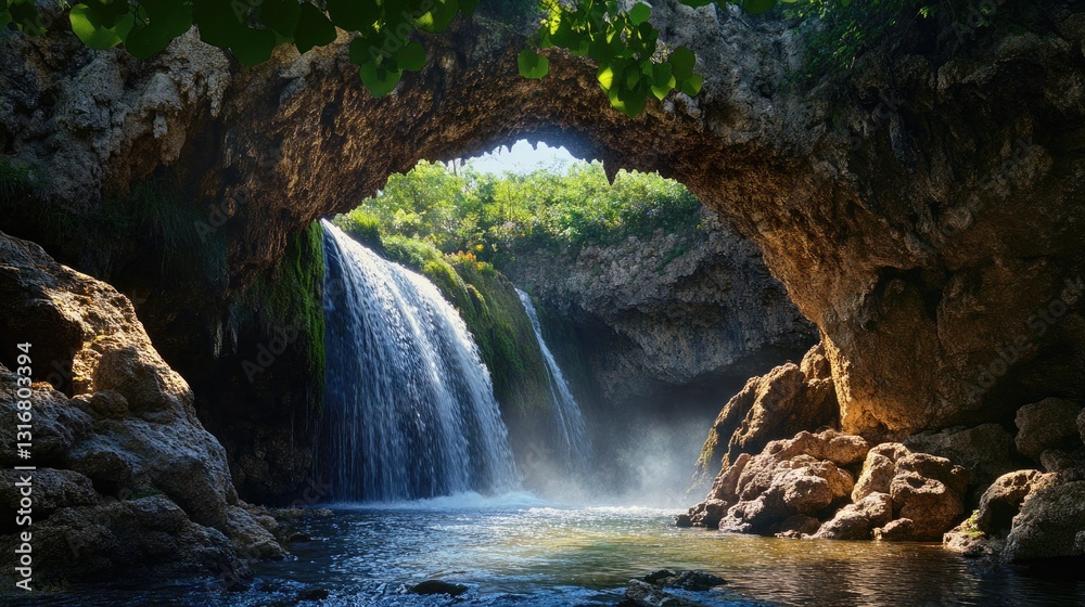Fototapeta premium Beautiful cascading waterfall flowing through rocky archway surrounded by lush greenery and serene blue water in tranquil nature setting